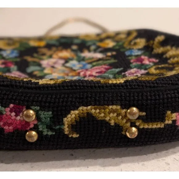 Vintage Floral Needlepoint Evening Bag Metal Frame Chain Strap etched clasp - Picture 6 of 16
